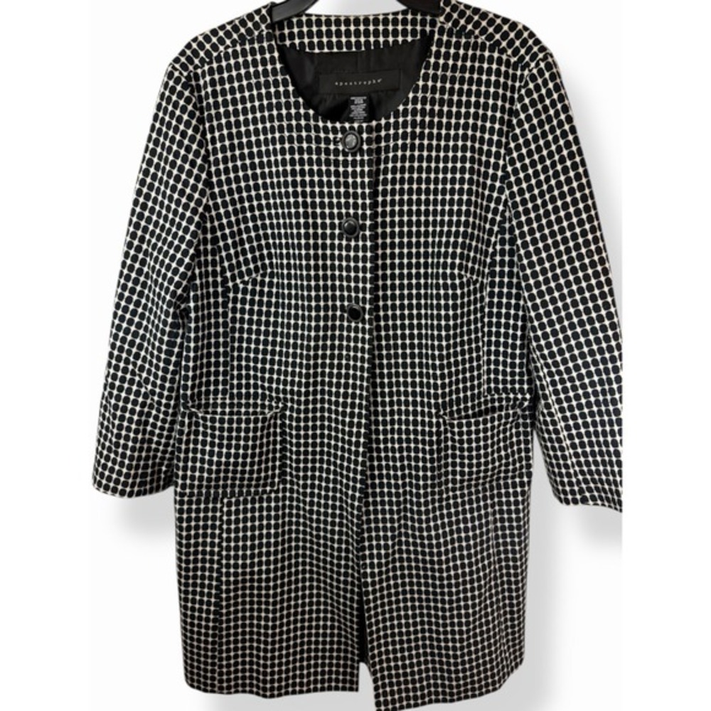 Apostrophe Women's Lined Trench Size XL Black w/White Design 100% Cotton-‎ EUC